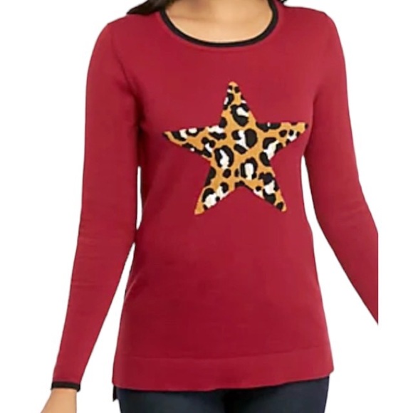 Crown & Ivy Cranberry Multicolor Intarsia Star Sweater With Stripes, Size Large - Picture 1 of 14